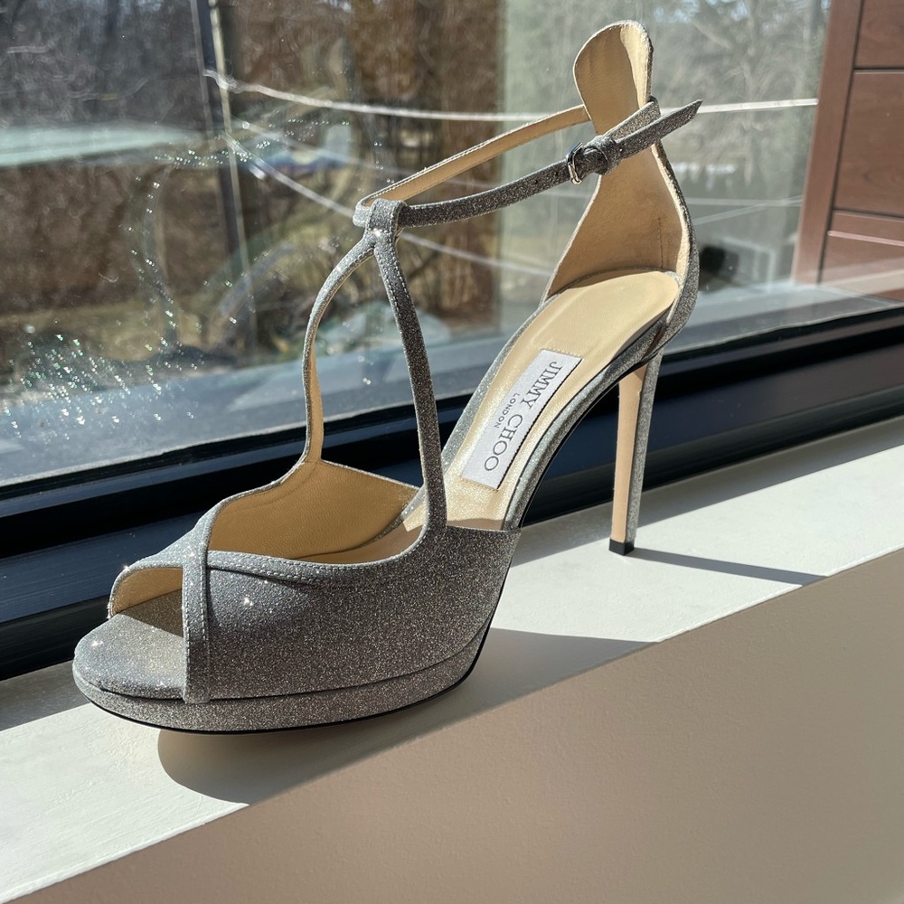 Jimmy Choo Fawne Silver Glitter Heels